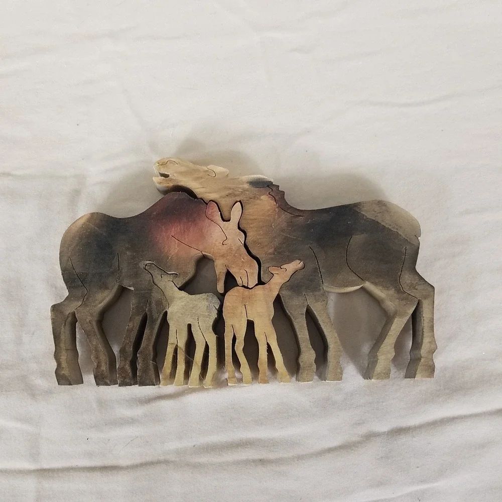Moose Family Wood Puzzle Decor Brown Excellent Rustic 4pc handmade cabin outdoor